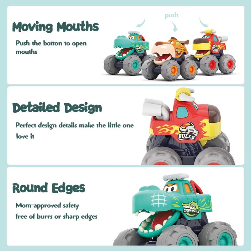 Woby Monster Truck Car Toys for 12-18 Months Baby,1-2 Birthday Gifts Toys,3 Pack of Friction Powered Pull Back Animal Cars Vehicles - Image 3